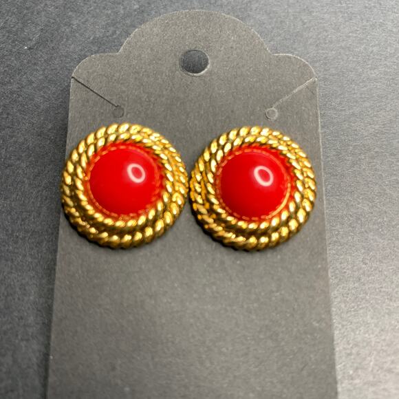 Napier Signed Button Earrings- Red Gold Post Back Vintage - Picture 6 of 6